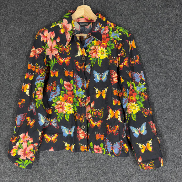 Tops - Take Two Shirt Women L Large Black Butterfly Print Button Up Collared Cotton